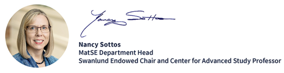 Photo of Nancy Sottos with signature and title
