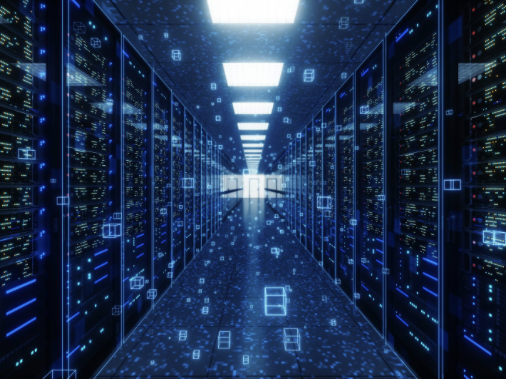 View down a long hallway of computer servers