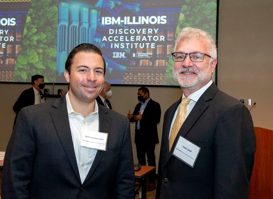 David Cahill, right, is all smiles alongside Anthony Annunziata, director of IBM's Accelerated Discovery,&nbsp;during the IBM-Illinois Discovery Accelerator Institute at the U of I's National Center for Supercomputing Applications' auditorium in Urbana, Ill. on Oct. 19.