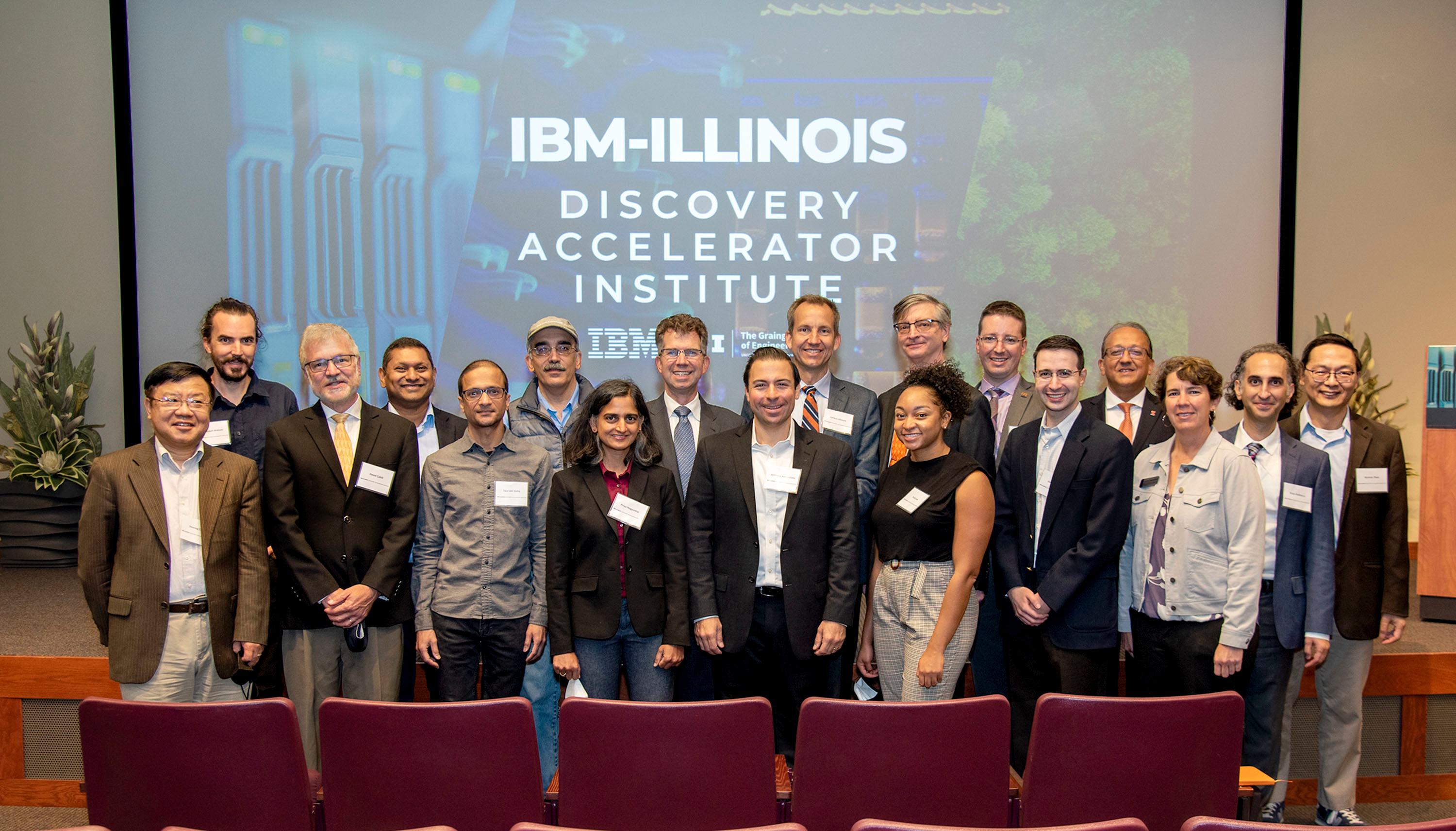 Leaders from IBM, the University of Illinois, The Grainger College of Engineering and the state of Illinois pose for a photo at the launch of the IBM-Illinois Discovery Accelerator Institute was held at the U of I's National Center for Supercomputing Applications' auditorium in Urbana, Ill. on Oct. 19.