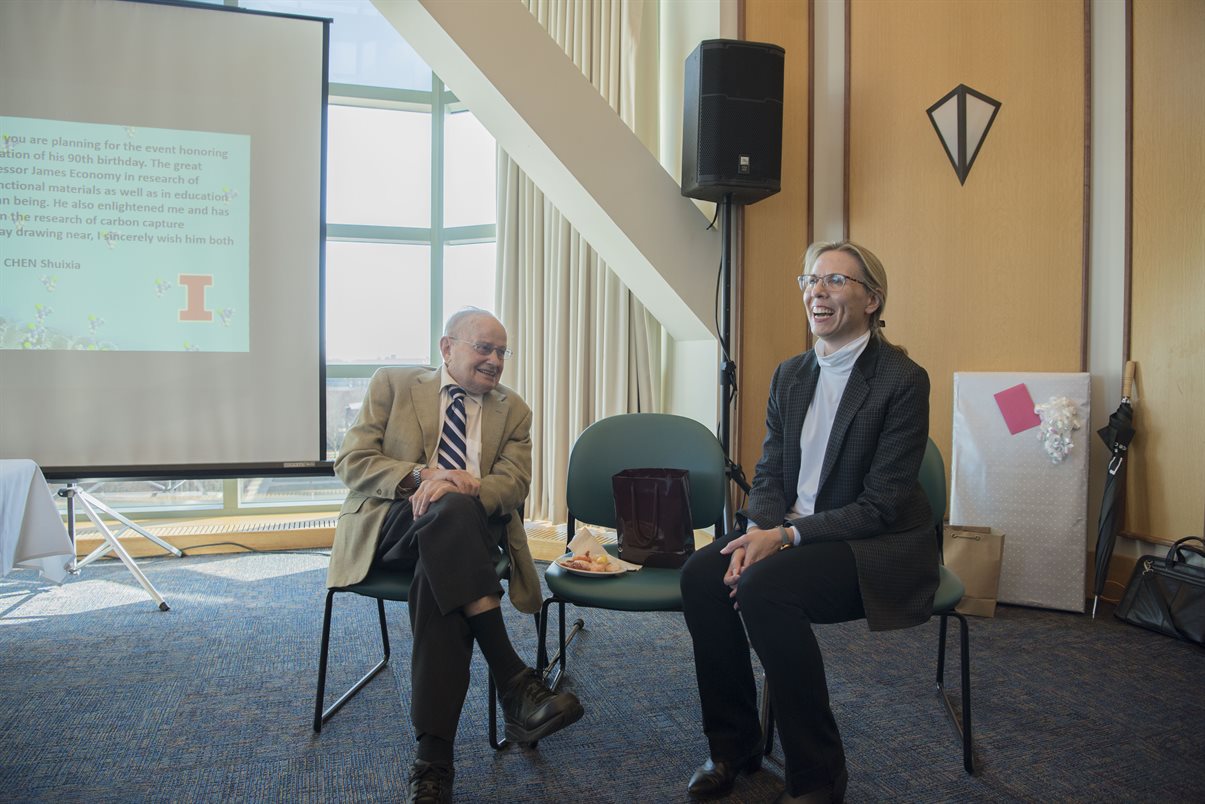 James Economy and Nancy Sottos, current MatSE&nbsp;department head, couldn&rsquo;t help but grin during the founding department head&rsquo;s 90th birthday celebration in April 2019.