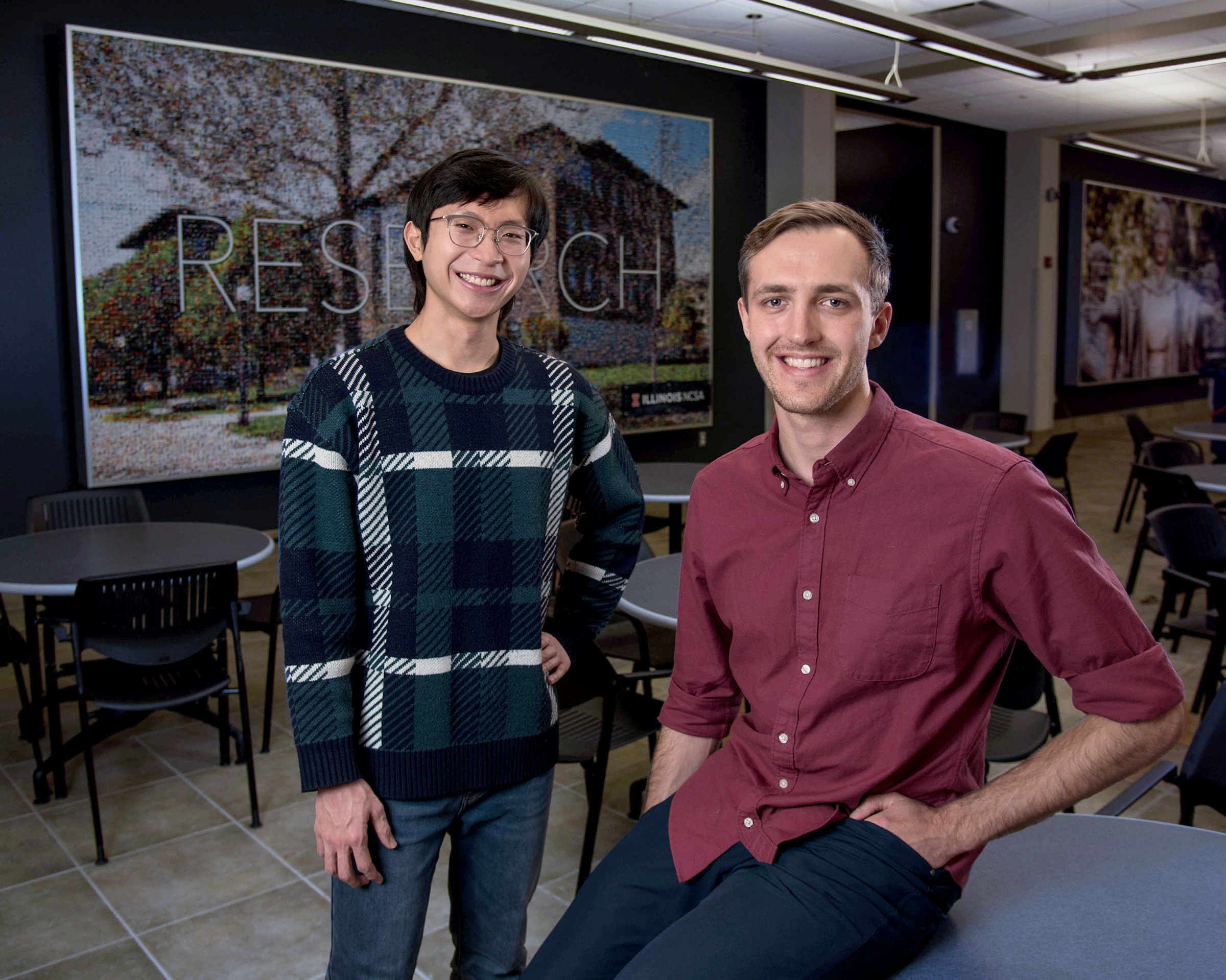 Graduate students, Seonghwan Kim, left, MatSE &rsquo;26, and Kastan Day, Computer Science &rsquo;23, are Challenge I winners of Argonne National Laboratory&rsquo;s AI Hackathon in Molecular Dynamics. The two are pictured here at the National Center for Supercomputing Applications, or NCSA, on Feb. 16, 2022.