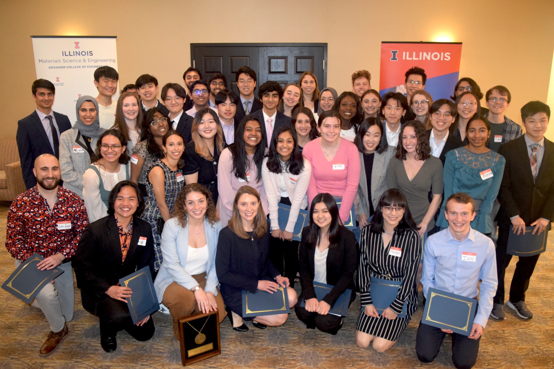 MatSE undergraduate and graduate students proudly display their awards at the Spring 2022 Awards Banquet at the Holiday Inn in Champaign, Ill. on April 21. The event was a fun way to celebrate all of the students' hard work and achievements at the semester's end.