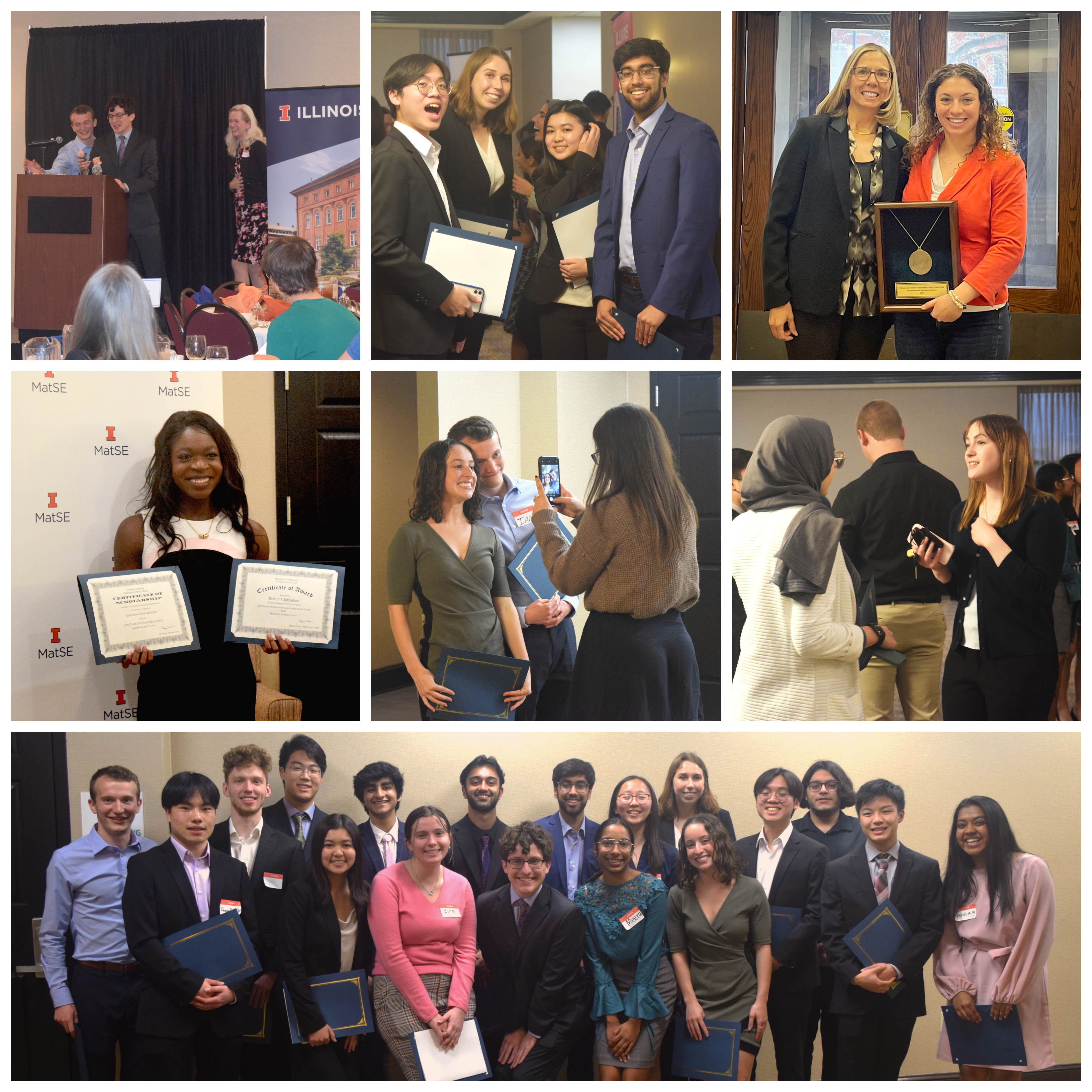 A collage of photos from MatSE's Spring 2022 Awards Banquet held at the Holiday Inn in Champaign, Ill. on April 21. Top row, left, are MatSE undergraduates Ian Flueck and Noah Hanselman, who awarded chief undergraduate advisor Laura Nagel the student-nominated and -made Pig Award. Top row, middle, are undergraduates, from left, Ray Tsai, Katrina Arsky , Kayla Huang and Shivam Tailor. Top row, right, is graduate student Justine Paul proudly displaying her Chakrapani Annual Innovation Award for Outstanding Ph.D. Thesis alongside department head Nancy Sottos at the entrance of the Materials Science and Engineering Building in Urbana, Ill. on April 4.&amp;amp;amp;amp;amp;amp;amp;amp;amp;amp;lt;br&amp;amp;amp;amp;amp;amp;amp;amp;amp;amp;gt;&amp;amp;amp;amp;amp;amp;amp;amp;amp;amp;lt;br&amp;amp;amp;amp;amp;amp;amp;amp;amp;amp;gt;Middle row, left, is MatSE junior Ibukun Ajifolokun posing for a photo while displaying her awards. Middle row, middle, are MatSE seniors Grace Levita and Ian Fluek commemorating this special moment with a photo. Middle row, right, are MatSE junior Doha Amer and senior Maddie Weller chat following the awards banquet.&amp;amp;amp;amp;amp;amp;amp;amp;amp;amp;lt;br&amp;amp;amp;amp;amp;amp;amp;amp;amp;amp;gt;&amp;amp;amp;amp;amp;amp;amp;amp;amp;amp;lt;br&amp;amp;amp;amp;amp;amp;amp;amp;amp;amp;gt;Bottom row are some of the award-winners from MatSE's undergraduate student organization Material Advantage who couldn't help but grin while posing for a photo following the awards banquet.