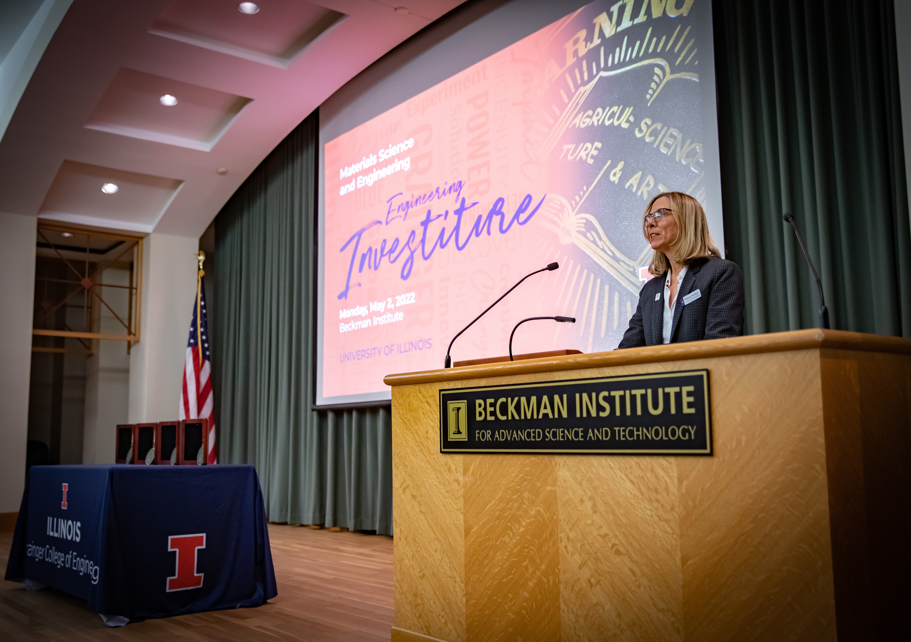 Fred Zwicky/Illinois News Bureau<br>Nancy Sottos wraps up the star-studded evening with quite the send-off for the four invested faculty and the entire MatSE department during the Engineering Investiture Ceremony at the Beckman Institute in Urbana, Ill. on May 2.<br><br>&ldquo;How lucky am I to work with these amazing colleagues?&rdquo; Sottos said. &ldquo;I think what we&rsquo;re seeing here today is what an amazing department materials science and engineering is. It&rsquo;s just a pleasure to come in and work with so many fabulous people. Hopefully for the students and the junior faculty in the audience, today was a good summary of what the work ethic and the dedication of what you can aspire to in materials science.&rdquo;