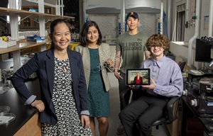 Pinshane Huang, far left, joins, Priti Kharel, second from left,&amp;amp;amp;amp;amp;nbsp;Justin Bae and Patrick Carmichael, far right, at the Materials Research Laboratory. Pictured on the tablet is Blanka Janicek.&amp;amp;amp;amp;amp;nbsp; Photo by Heather Coit/Grainger Engineering