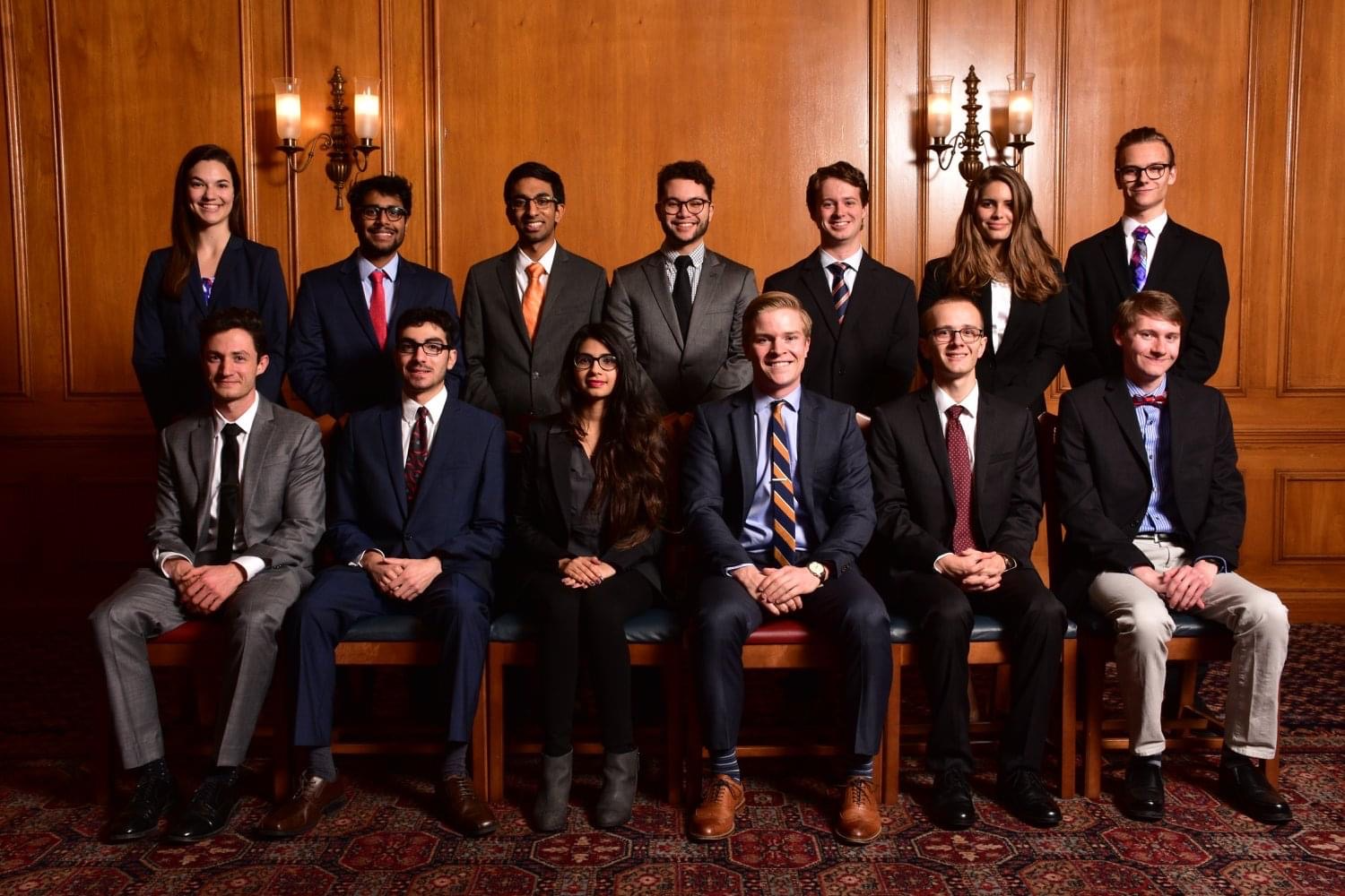 Kyle McKillop, seated bottom row, third from right, poses with fellow members of the 2017-18 Material Advantage executive board. McKillop served as president of MA, one of MatSE's two premiere student organizations.