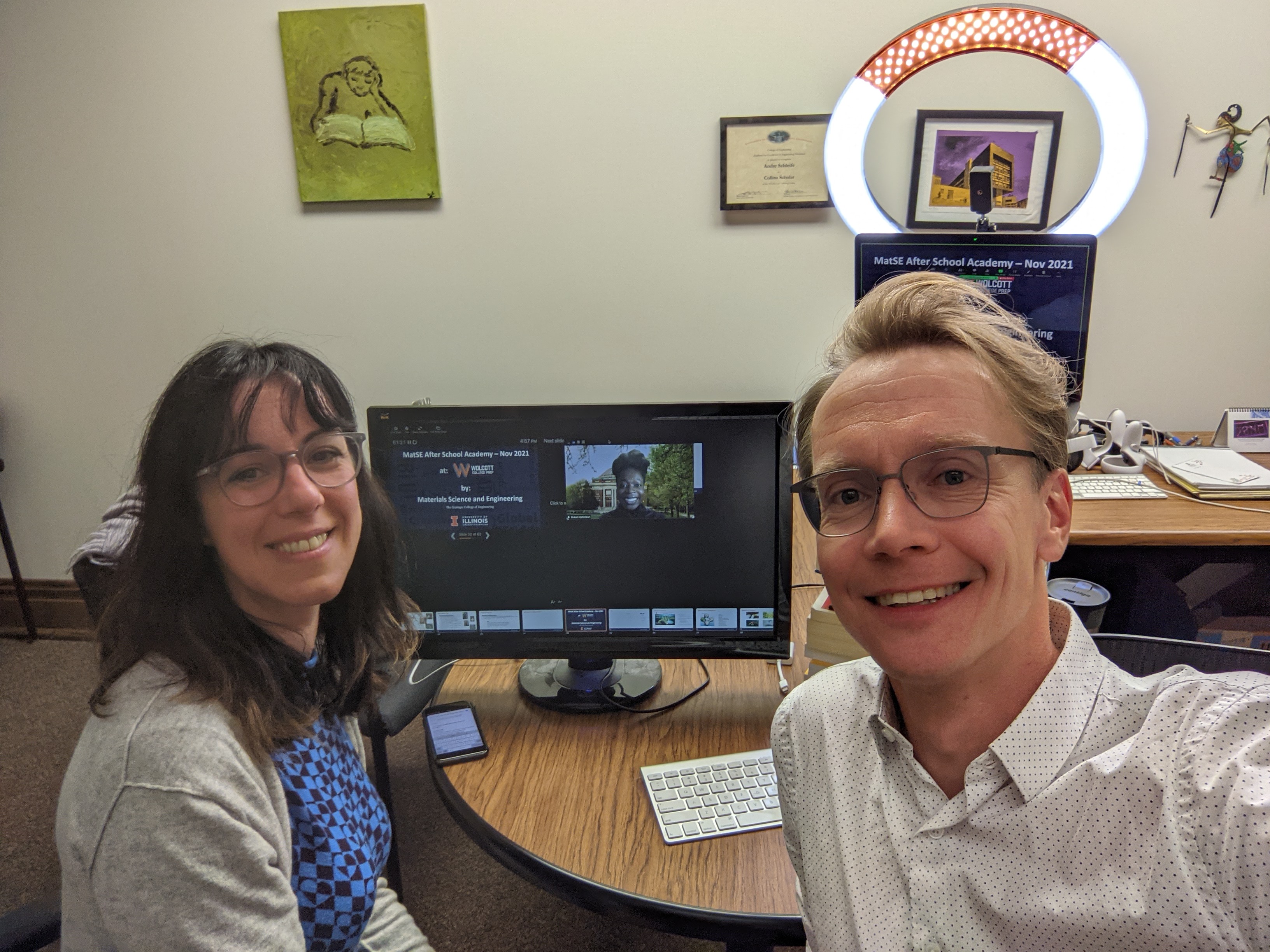 MatSE associate professors Cecilia Leal, left, and Andr&amp;amp;amp;eacute; Schleife pose for a photo before an After-school Academy session.