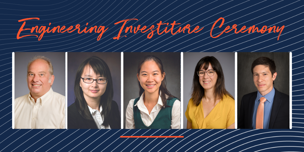 MatSE faculty, including, from left, Axel Hoffmann, Qian Chen, Pinshane Huang, Cecilia Leal and Daniel Shoemaker will be recognized for their investiture at the Engineering Investiture Ceremony held Monday, Dec. 12, at 4 p.m. at the Beckman Institute, Room 1025.