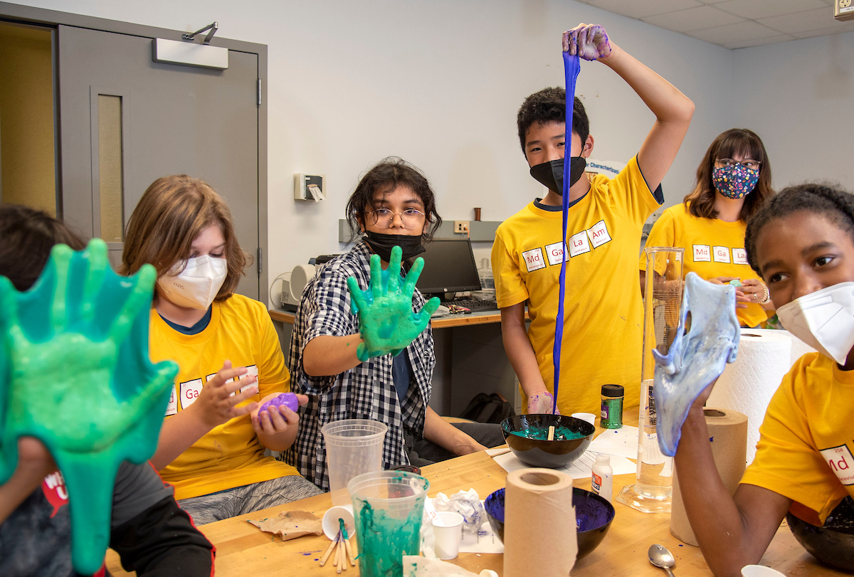 Mid-GLAM (Generation Learning About Materials) campers make colorful slime as part of their hands-on STEM activities at the Kiln House on Monday, June 20. Photo by Heather Coit / Grainger&amp;amp;amp;amp;nbsp;Engineering.