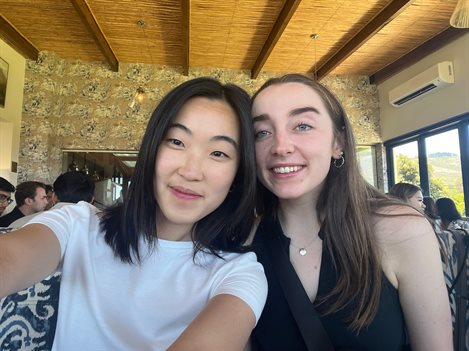 Meghan Oh, left, and Katie Roche take a selfie during their study abroad trip to South Africa with the Hoeft Technology and Management Program over the winter break.