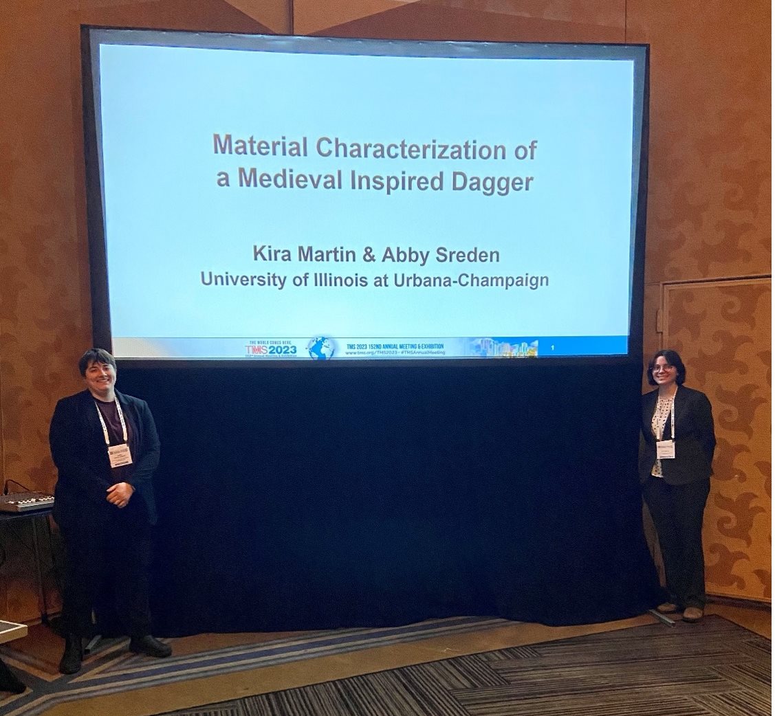 Juniors Abby Sreden, left, and Kira Martin present at the Bladesmithing Symposium during TMS' annual Meeting and Exhibition in San Diego, Calif. earlier in March.