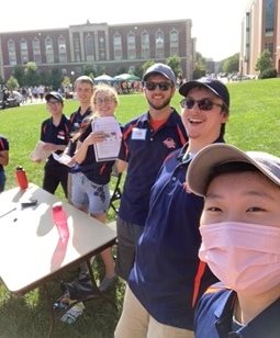 Engineering Ambassadors take a selfie while recruiting new members at the fall 2021 E-Night event, where engineering students learn more about various registered student organizations and campus resources. Pictured, from left, are Robin De Lara (MatSE), Dale Robbennolt (CEE), Sara Pfeil (MatSE), Sean Coughlin (CS), Matthew Friar (Physics) and Evan Ko (BioE).