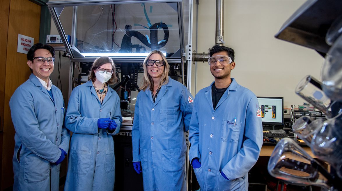 The Sottos Group poses for a photo at the Beckman Institute in Urbana, Ill. on Feb. 15. Pictured are grad students Edgar Mejia,left; Anna Cramblitt, second from left;&amp;amp;nbsp;and Pranav Krishnan, right; alongside Nancy Sottos, second from right, Swanlund Endowed Chair and MatSE&amp;amp;rsquo;s department head.