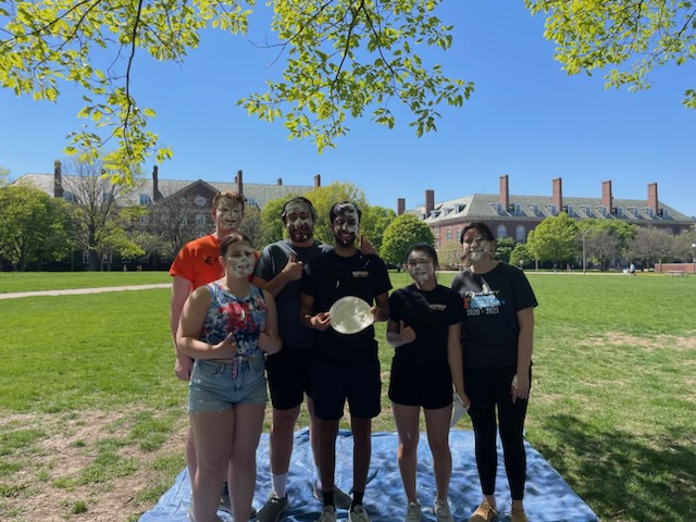 Material Advantage and Keramos executive board members are all smiles after getting pied for a fundraiser in Urbana, Ill. on May 4. Pictured, from left, are: Robbie&amp;amp;nbsp;Nollet, Bailey Wooldridge, James Heaton, Shivam Tailor, Kayla Huang and Kira Martin.