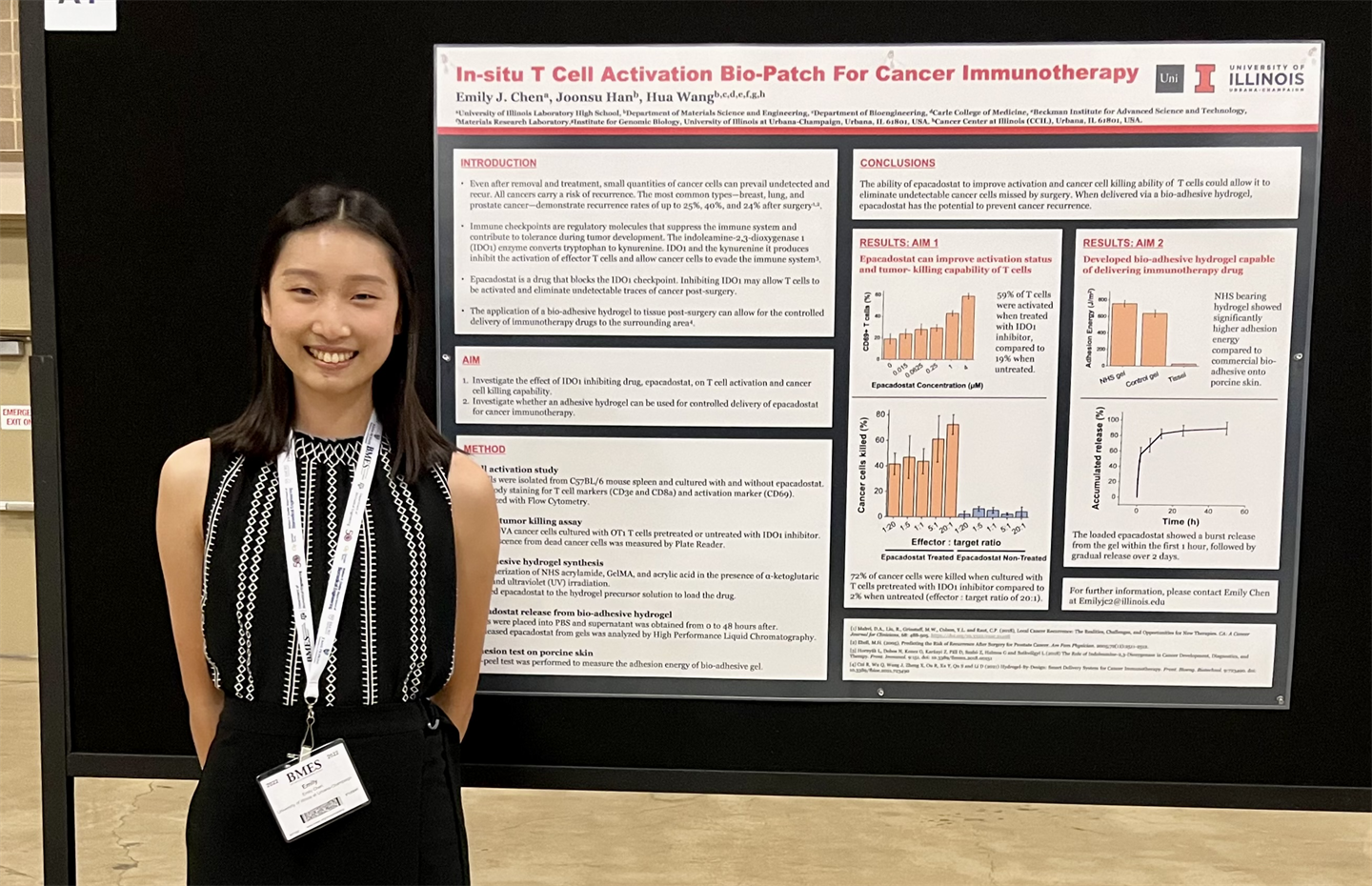 Emily Chen poses for a photo alongside her research poster on in-situ T cell activation bio-patch for cancer immunotherapy at the 2022 Biomedical Engineering Society's annual meeting held Oct. 12-15 in San Antonio, Texas.