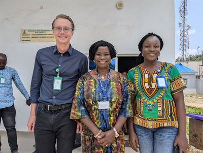 Assistant Professor Andre Schleife with Rachel I. Obed and Omamuyovwi Rita Jolayemi at the University of Ibadan in Nigeria.