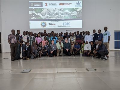 The full group from the summer program at the University of Ibadan in Nigeria is pictured. Front row: Assistant Professor Andre Schleife, Omolulu Akin-Ojo, Alex Urban.