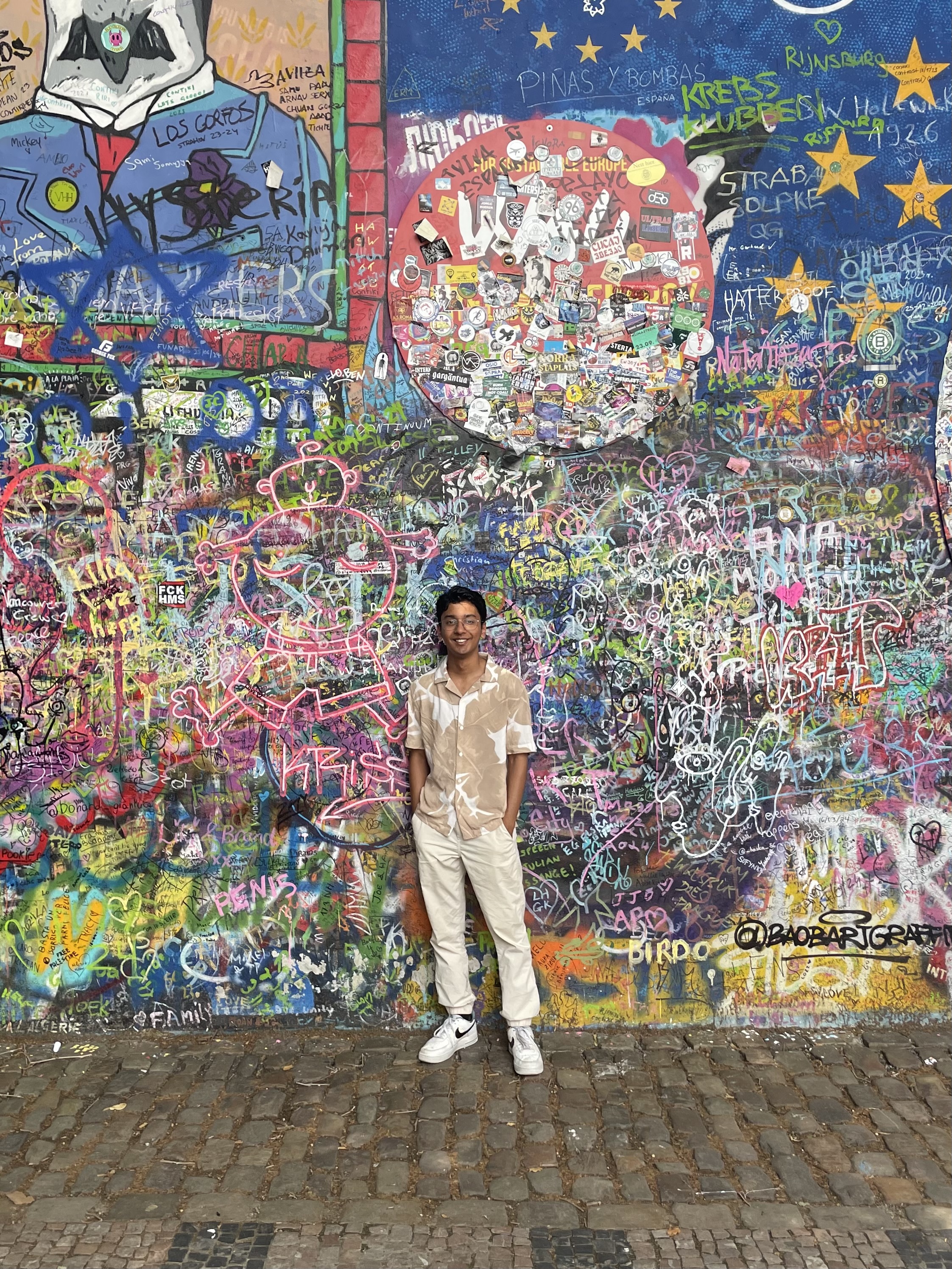 Illinois materials student Shivansh Agarwal posing in front of wall artwork