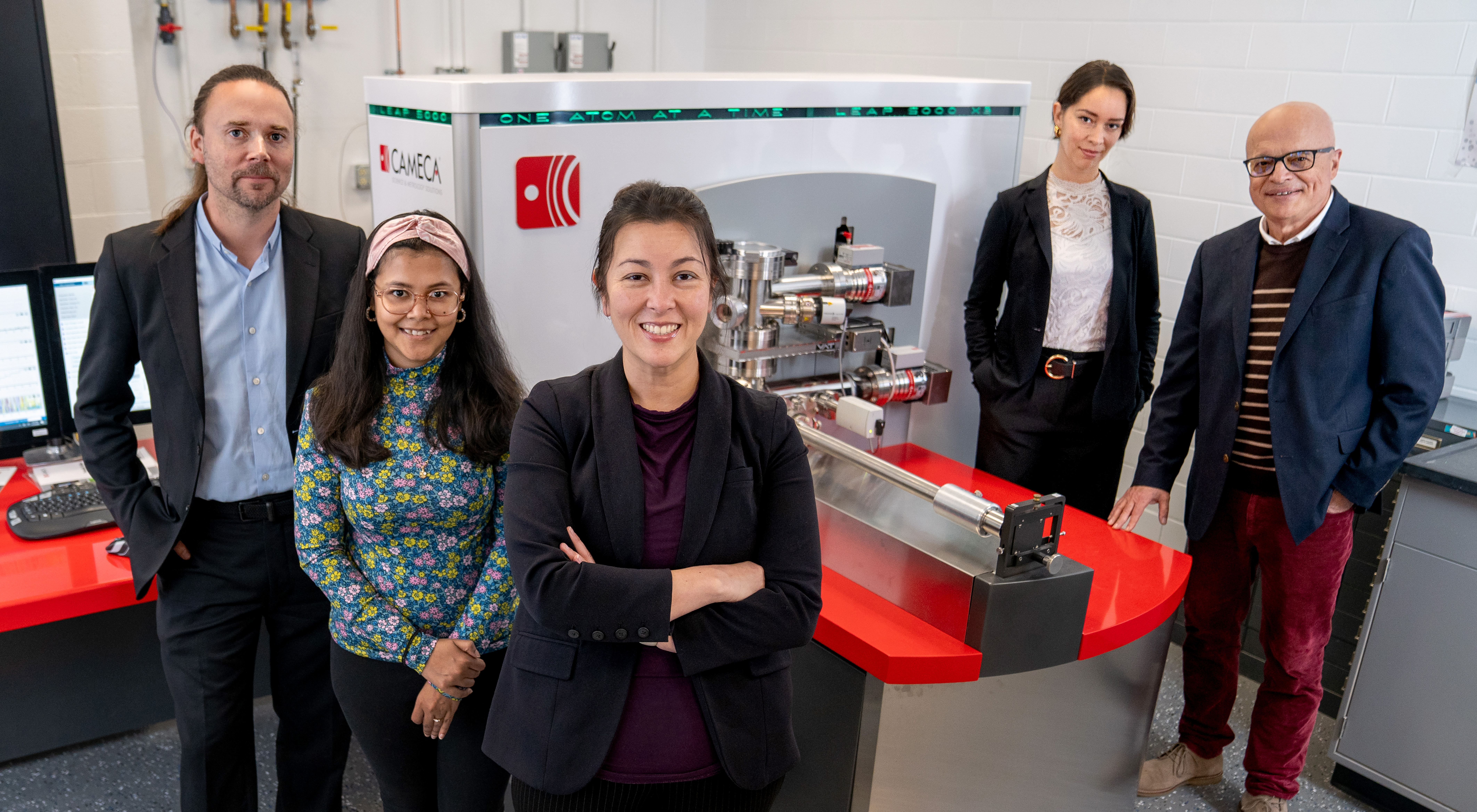 Team members (left to right) Jean-Charles Stinville (Materials Science and Engineering), Soumita Mondal (postdoc with Wharry research group), principal investigator Janelle Wharry (Mechanical Science and Engineering), Marie Charpagne (Materials Science and Engineering), and Huseyin Sehitoglu (Mechanical Science and Engineering) in the Materials Research Laboratory.